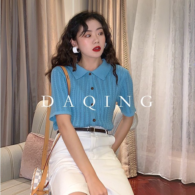 Áo Cardigan Dệt Kim Tay Ngắn Dáng Rộng Cổ Polo Phong Cách Hàn Quốc Thời Trang Cho Nữ | BigBuy360 - bigbuy360.vn