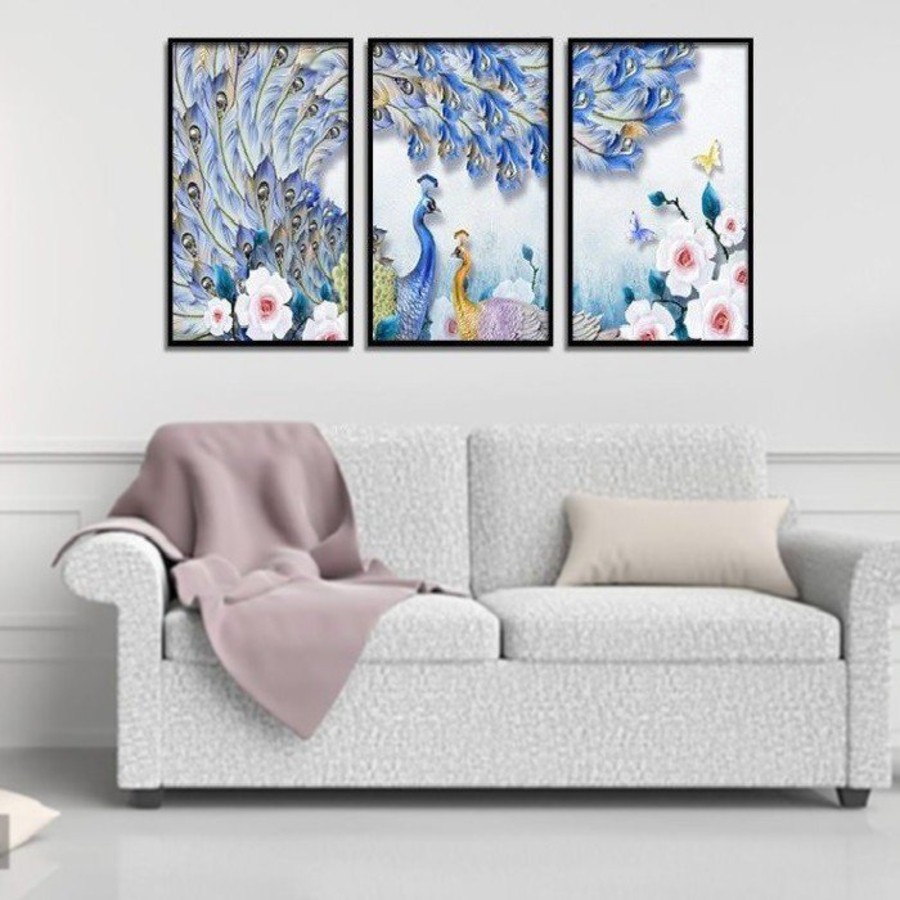 Tranh treo tường canvas đôi chim công hoàng kim decor trang trí phòng khách, phòng ngủ có khung cao cấp tặng đinh 3 chân