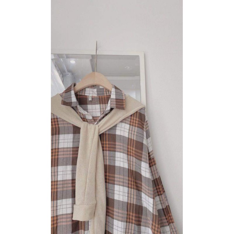 Váy kẻ sơ mi mix yếm len form dáng dài rộng dày dặn mặc thu đông BCiOMAI