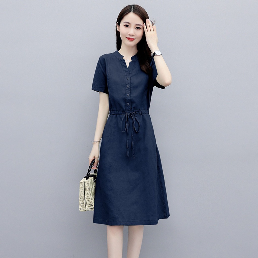 Đầm suông linen tay lỡ cổ V dáng chữ A, thời trang trẻ, phong cách Hàn