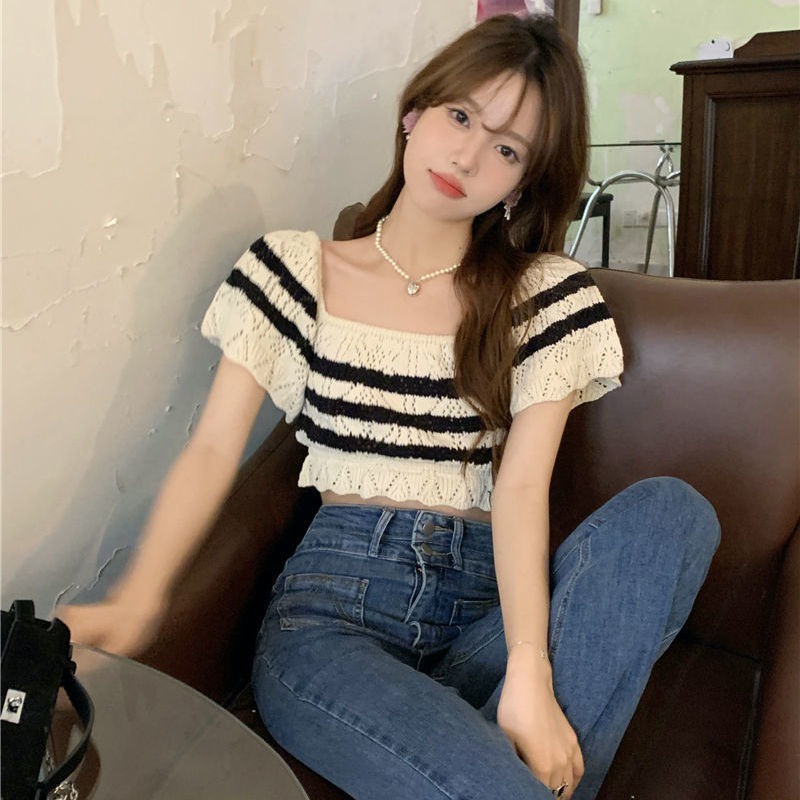 Áo sweater XIAOZHAINV vải dệt kim ngắn tay cổ vuông họa tiết kẻ sọc phong cách Hàn Quốc