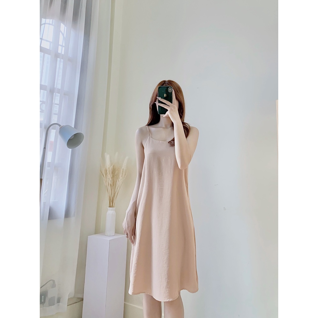 Váy 2 dây dài suông chất đũi lụa trơn VX01