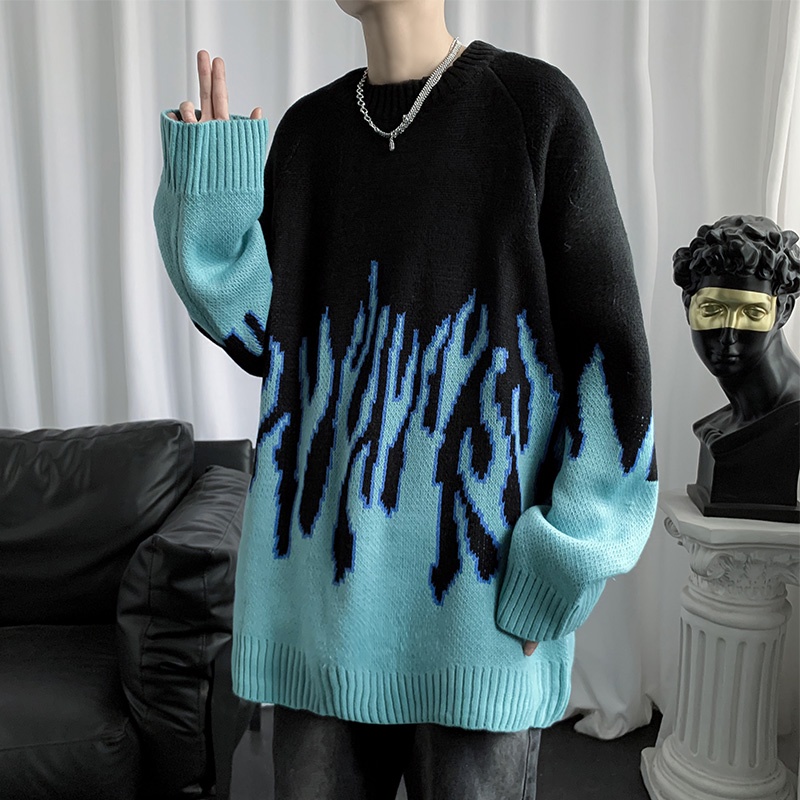 Áo sweater len nam form rộng, áo len nam sweater họa tiết lửa xanh áo khoác local brand unisex form rộng unisex misudo