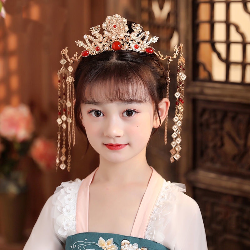 Phụ Kiện Cài Tóc Hình Vương Miện Phối Tua Rua Kiểu Hán Phục Cổ Điển Thời Trang Cho Bé Gái