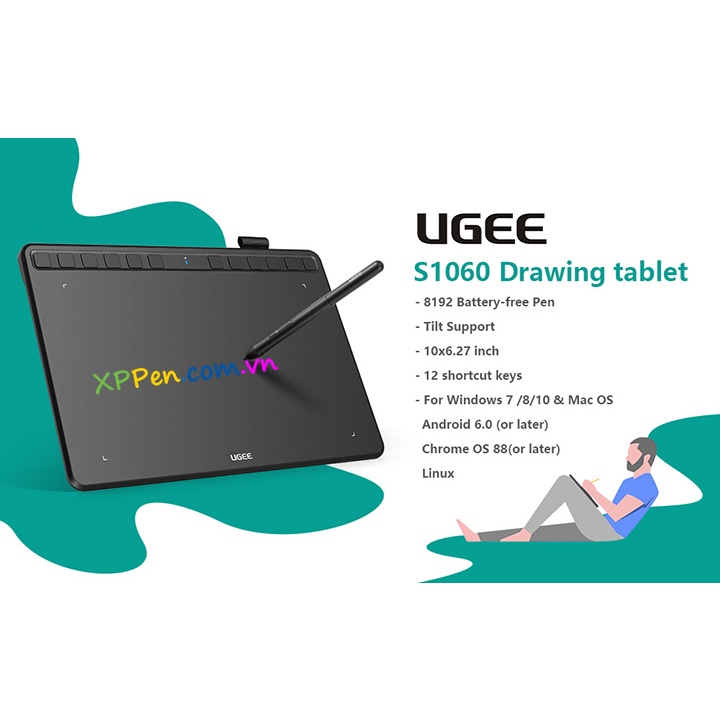 Máy tính bảng viết dạy học trực tuyến Ugee S1060 Android, 10 inch, cảm ứng nghiêng, 8192 Levels, 5080 LPI