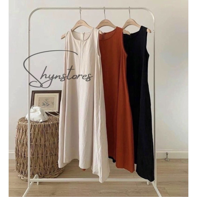 Đầm suông đũi ullzzang Shynstores - đầm suông nữ sát nách vải thô dáng suông rộng freeship