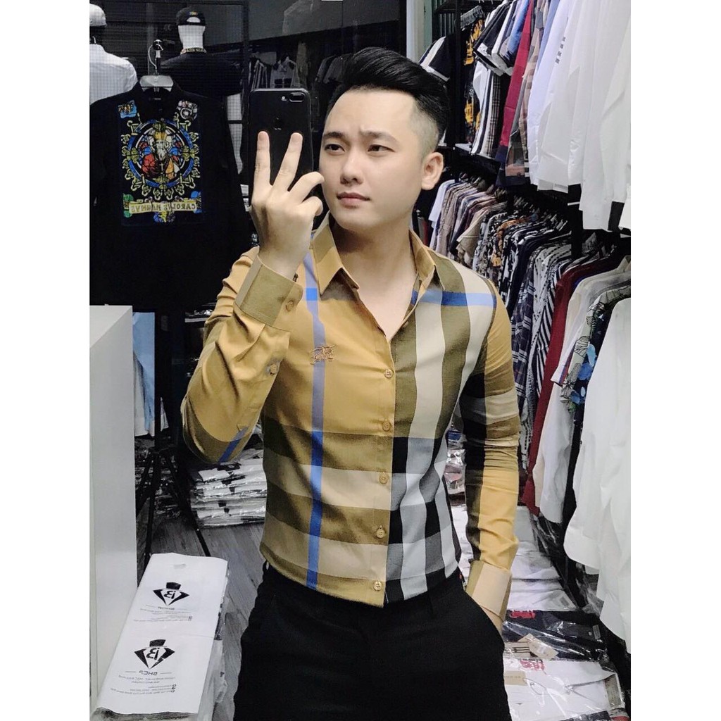Áo Sơ Mi Nam Caro Lệch Thêu Logo Ngực Dài Tay Vải Lụa Cao Cấp, Áo Sơ Mi Dáng Ôm Form Body, T-man | BigBuy360 - bigbuy360.vn