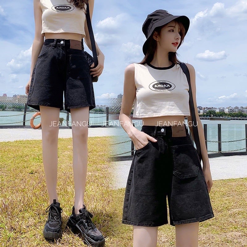 [Ảnh thật/Video]Quần ngố ống rộng tag da cạp cao cá tính , quần bò ngang đùi chất siêu đẹp JEANFANGU