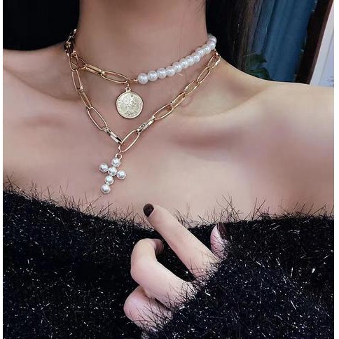 Dây chuyền nữ 2 tầng đính hạt có mặt hình chữ thập kết hợp hình tròn