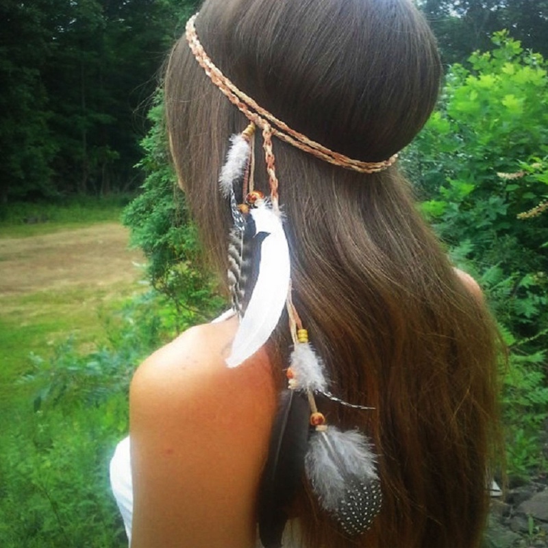 Băng Đô Cài Tóc Đính Lông Vũ Phong Cách Boho Ấn Độ