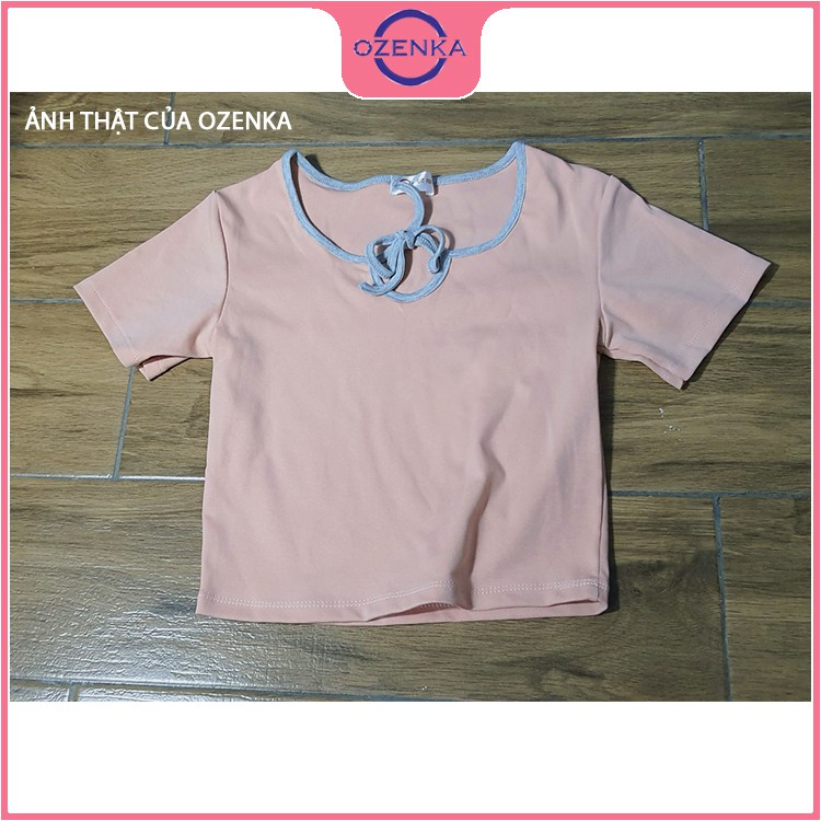 Áo croptop nữ ôm body tay ngắn ozenka , áo crt cổ chữ v phối nơ thun gân 100% cotton đẹp mịn mát free size dưới 50 kg