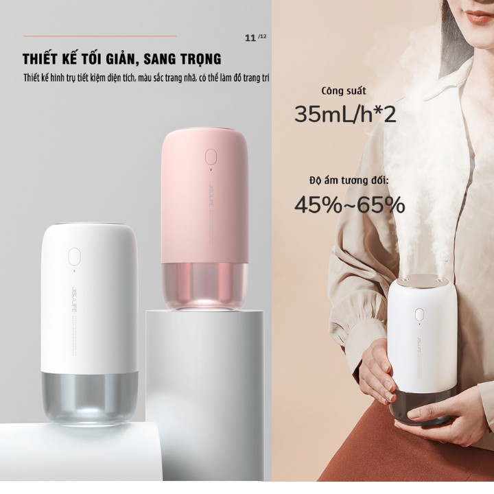 Máy phun sương tạo ẩm Jisulife JB08 - Máy tạo ẩm không khí và giữ ẩm da, dung tích 500ml - Hai chế độ phun đơn và kép