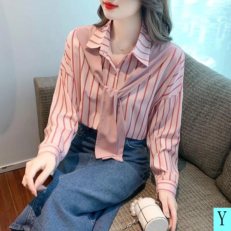 Áo Sơ Mi Tay Dài Dáng Rộng Giả Hai Lớp Kèm Khăn Choàng Họa Tiết Kẻ Sọc Thời Trang Xuân Thu 2022 Mới