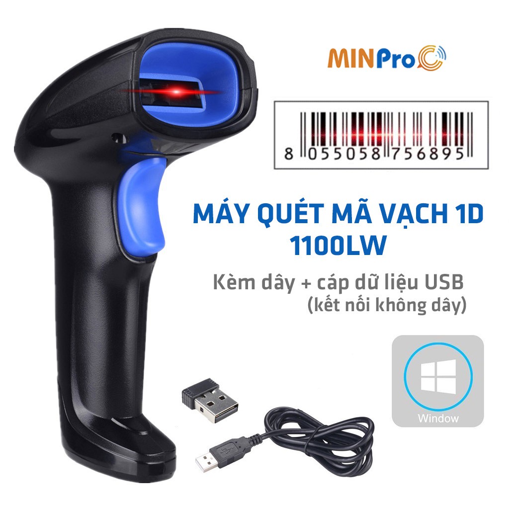 Máy quét mã vạch MINPRO không dây 2.4Ghz, quét mã vạch hàng hóa, công nghệ laser