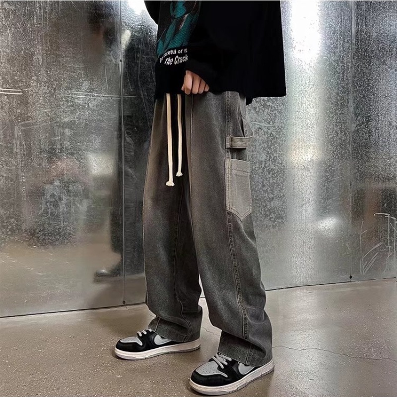 Quần denim đen ống rộng thời trang đường phố Hong Kong phong cách xuân hè cho nam