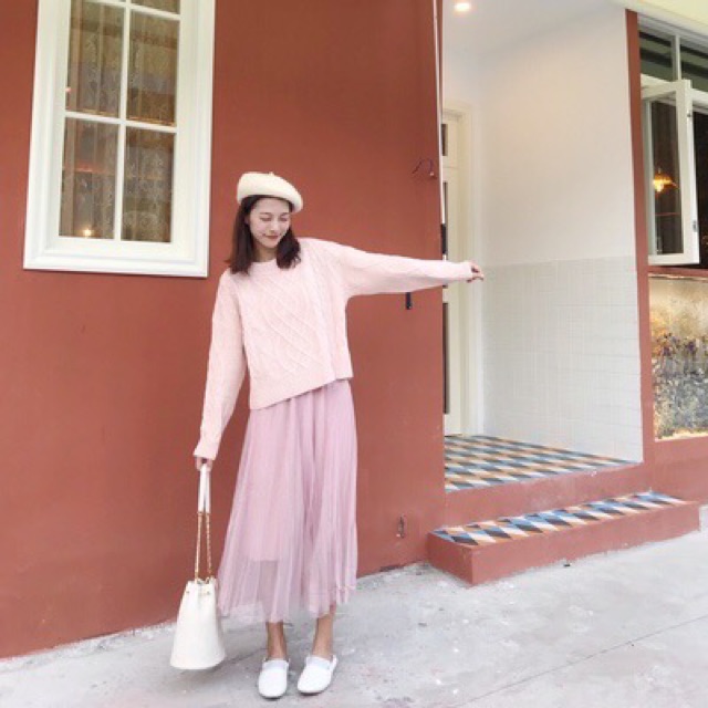 Set áo len + chân váy voan dài