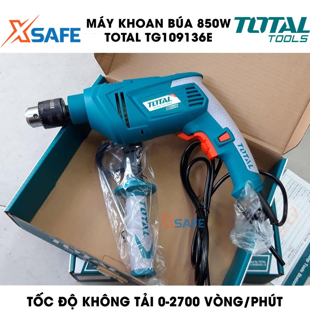 Máy khoan búa cầm tay TOTAL TG109136E công suất 850W, tốc độ 2700 rpm, khả năng khoan 13mm, có chỉnh tốc, đảo chiều