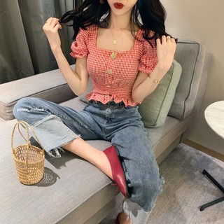 Áo croptop tay phồng hoạ tiết caro ulzzang