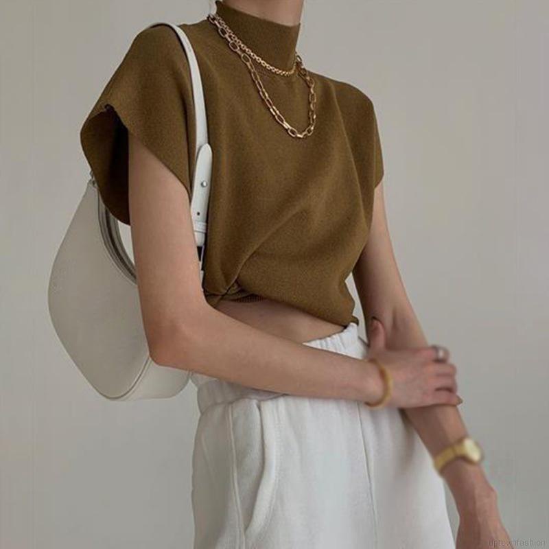 Áo dệt kim tay ngắn dáng rộng màu trơn phong cách cổ điển thời trang cho nữ