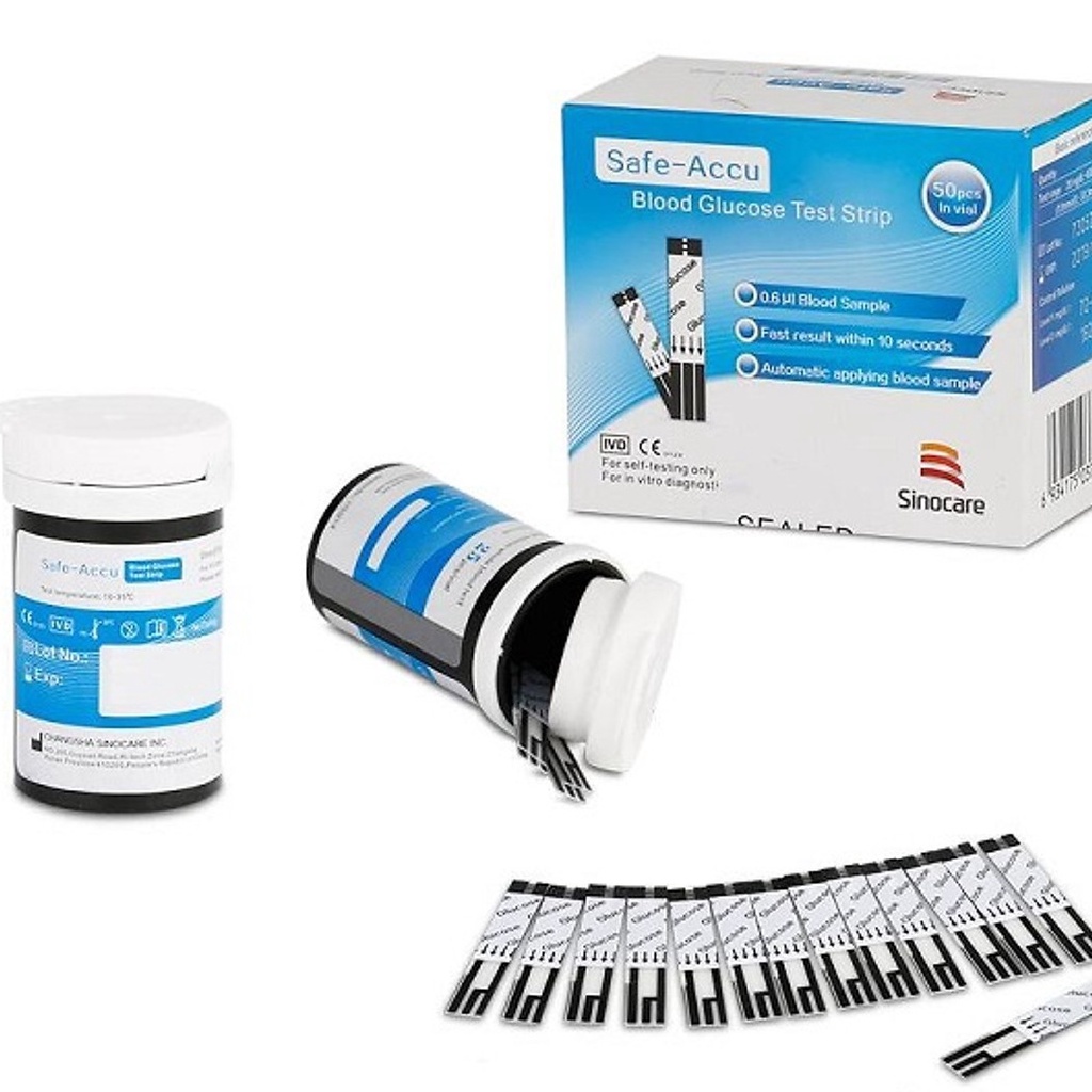 Hộp 50 que thử đường huyết SINOCARE Safe-Accu, chuẩn chính hãng, date dài, ( TẶNG KÈM 50 KIM )