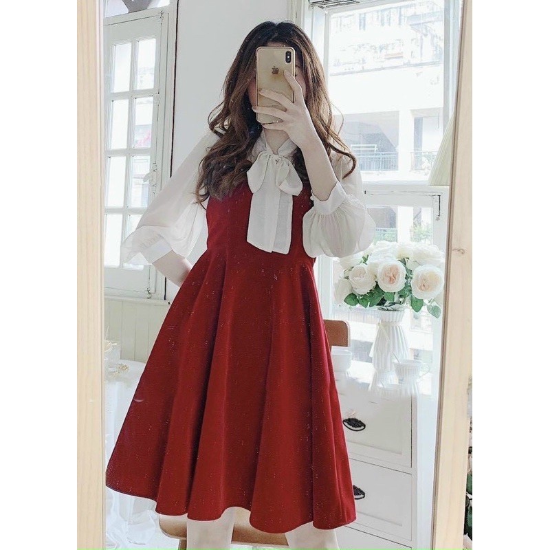 Set yếm đỏ 2s + áo voan lụa thắt nơ cổ