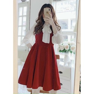 Set yếm đỏ 2s + áo voan lụa thắt nơ cổ