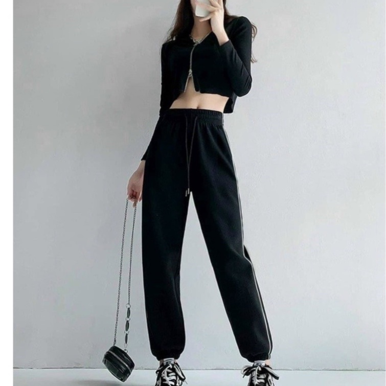Quần JOGGER nữ thể thao bo gấu chất tổ ong chạy viền