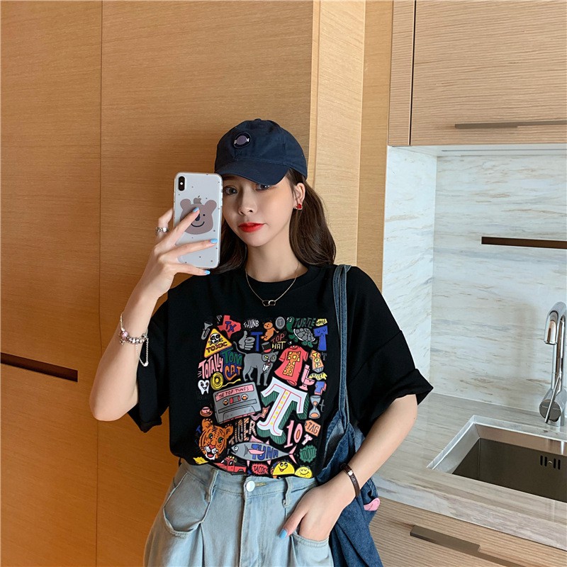 Áo thun in họa tiết tay lỡ form rộng - Ulzzang mặc cặp, nhóm, lớp AE88