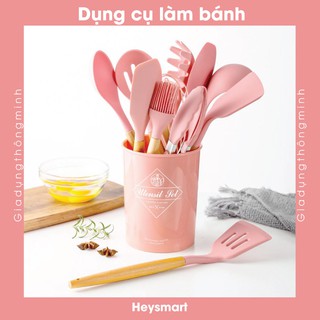 Dụng cụ làm bánh tiện lợi, đồ dùng bếp silicon 11 món cán gỗ cao cấp chịu nhiệt tốt