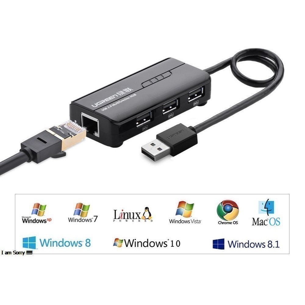 USB Hub Ugreen 1 ra 3 cổng USB 2.0 kèm 1 cổng LAN 10/100Mbps -Adapter chuyển đổi cổng LAN RJ45