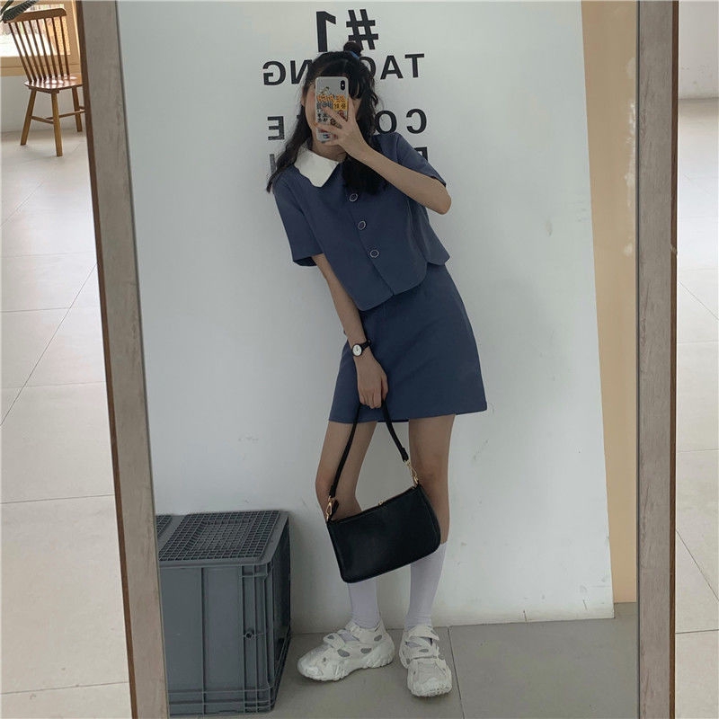 Bộ áo sơ mi lửng tay ngắn + chân váy lưng cao thời trang mùa hè cho nữ | BigBuy360 - bigbuy360.vn