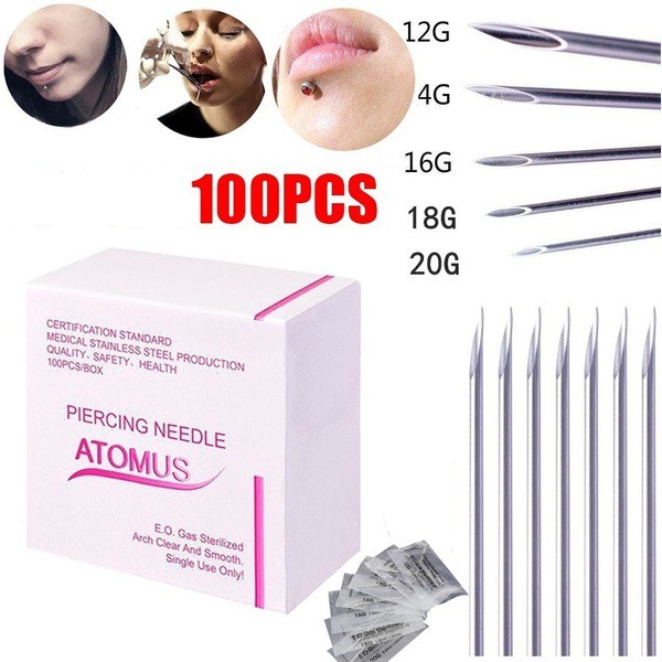 Set 100 kim xỏ lỗ đeo khuyên chất liệu inox 12 / 14 / 16 / 18 / 20g tùy chọn