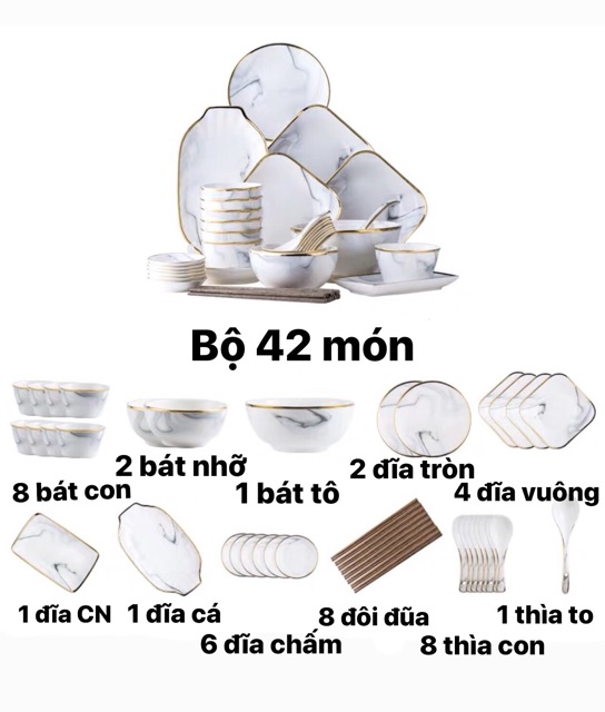 Bộ bát đĩa sứ 42 món hoa văn vân đá tự nhiên - VS269