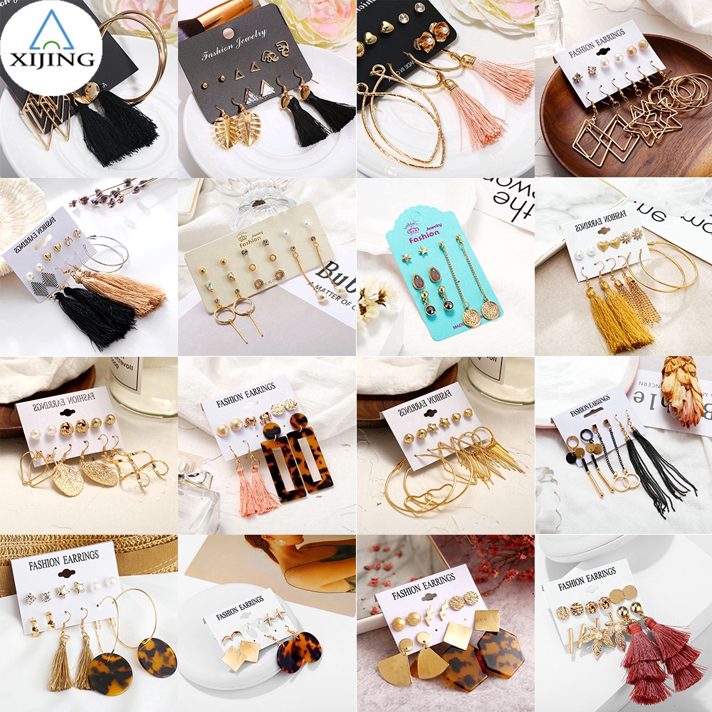 Set 6 cặp khuyên tai xỏ thiết kế tua rua kiểu dáng hình học đính đá pha lê ngọc trai phong cách retro cho nữ