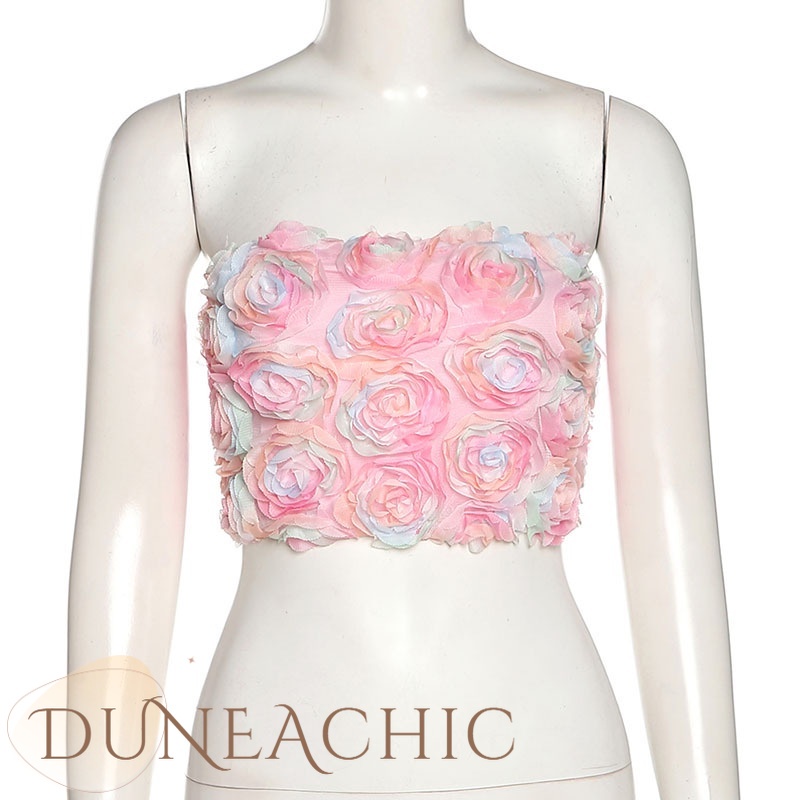 DUNEA Áo Ống Hở Lưng Họa Tiết Hoa Ngọt Ngào Cho Nữ