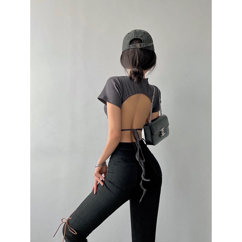 Áo Croptop Hở Lưng Quyến Rũ Phong Cách Âu Mỹ Cá Tính áo thun tay ngắn A2361
