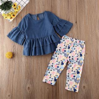 ♛BA♚2Pcs Kids Toddler Baby Girl Long Sleeve Denim T-Shirt Tops +Floral Pants Outfit Set Fall Clothes 1-6T