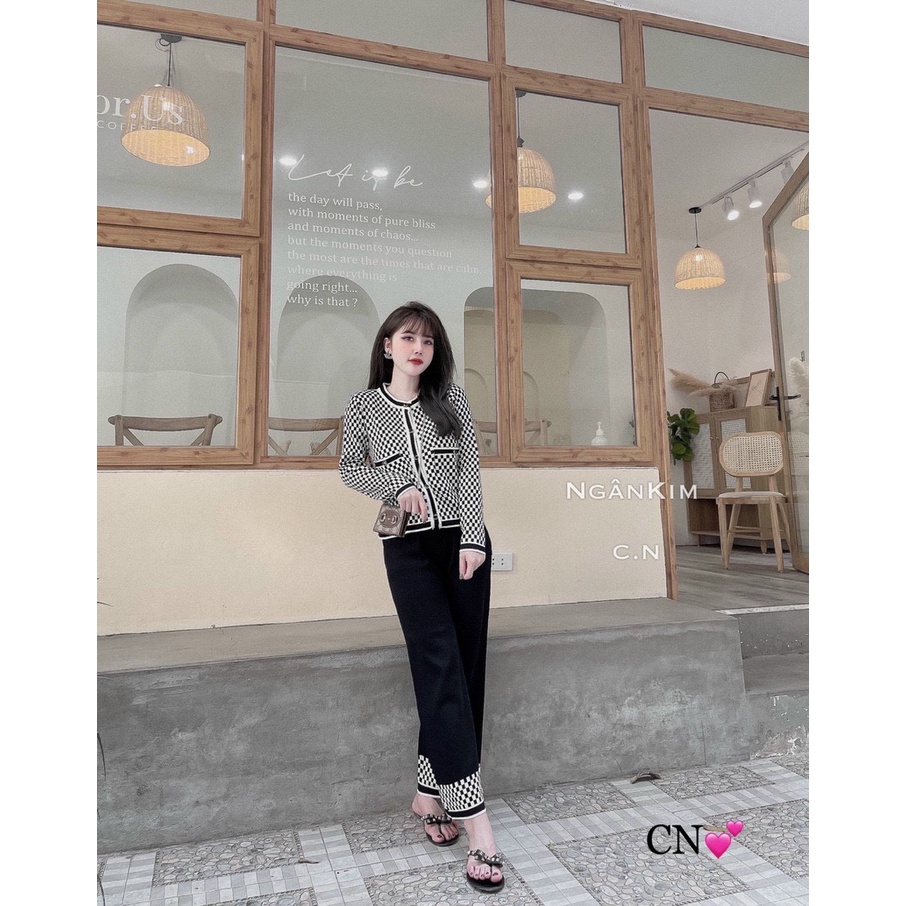 Set bộ len kẻ ô ống sớ 2 màu hàng QC cực đẹp