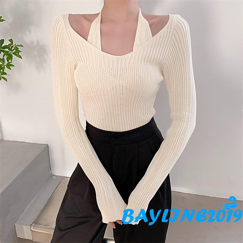 Áo thun dệt kim tay dài màu sắc thời trang cho nữ