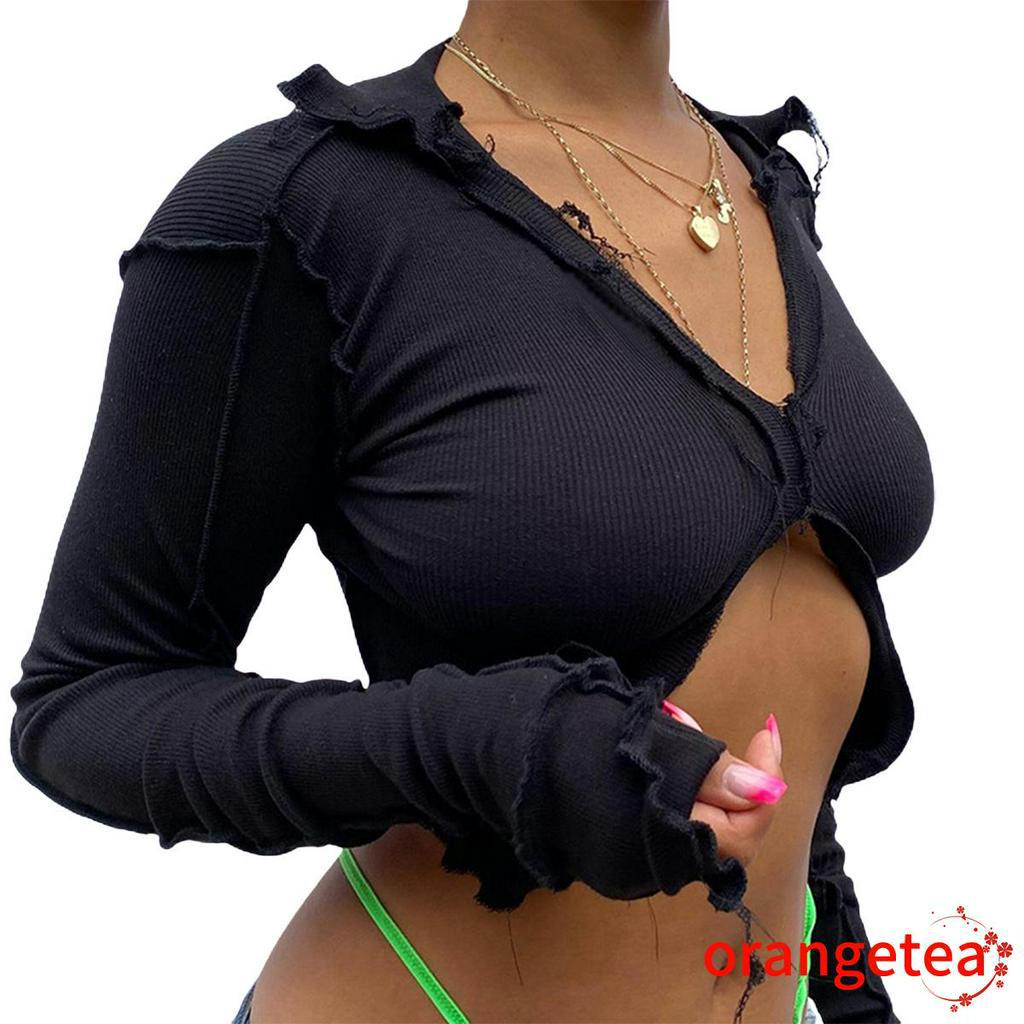 Áo Crop Top Nữ Tay Dài Cổ Chữ V Rách Cá Tính
