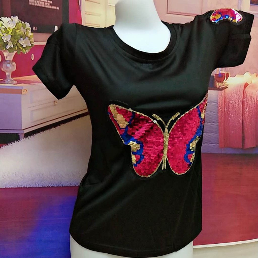 (AB2013)Áo thun nữ họa tiết bướm đính kim sa cổ tròn tay ngắn thời trang năng động