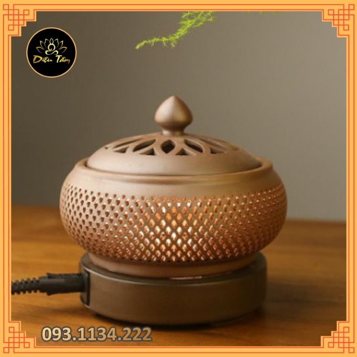 Lư xông trầm hương, tinh dầu bằng điện có chế độ hẹn giờ có đèn ngủ gốm tròn