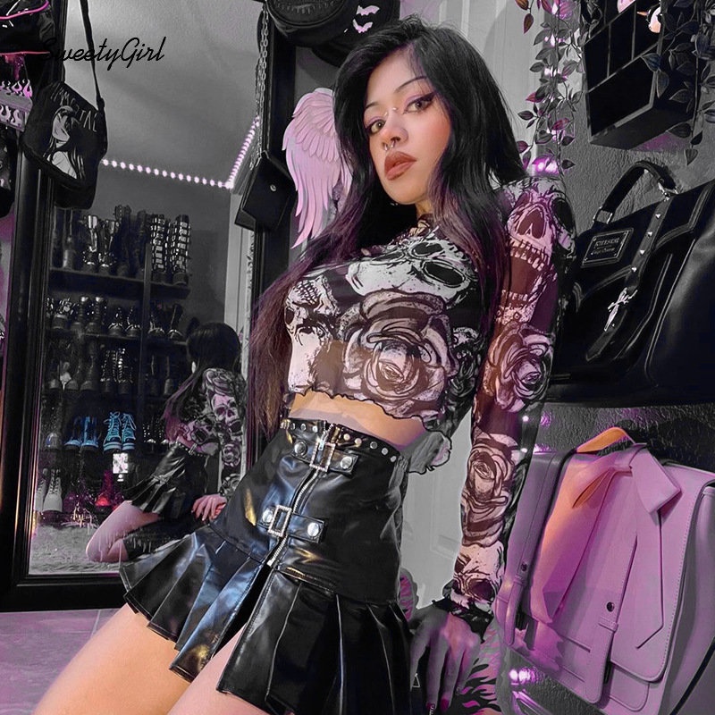 MsMona Áo Thun Tay Dài Cổ Tròn In Hình Xương Phối Màu Tương Phản Thời Trang 2022 Dành Cho Nữ Y2k