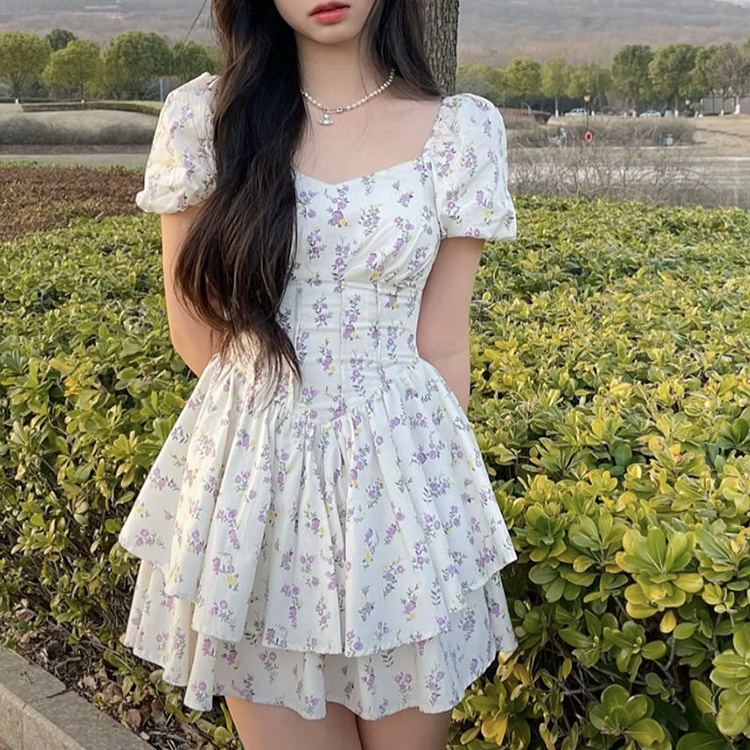 Đầm IELGY tay ngắn cổ vuông họa tiết hoa xinh xắn dễ phối đồ cho nữ