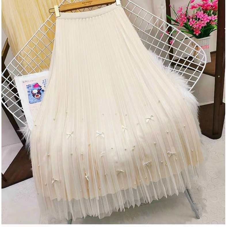 #1607 Chân váy công chúa đính nơ ngọc mặc được 2 mặt hàng Quảng Châu cao cấp