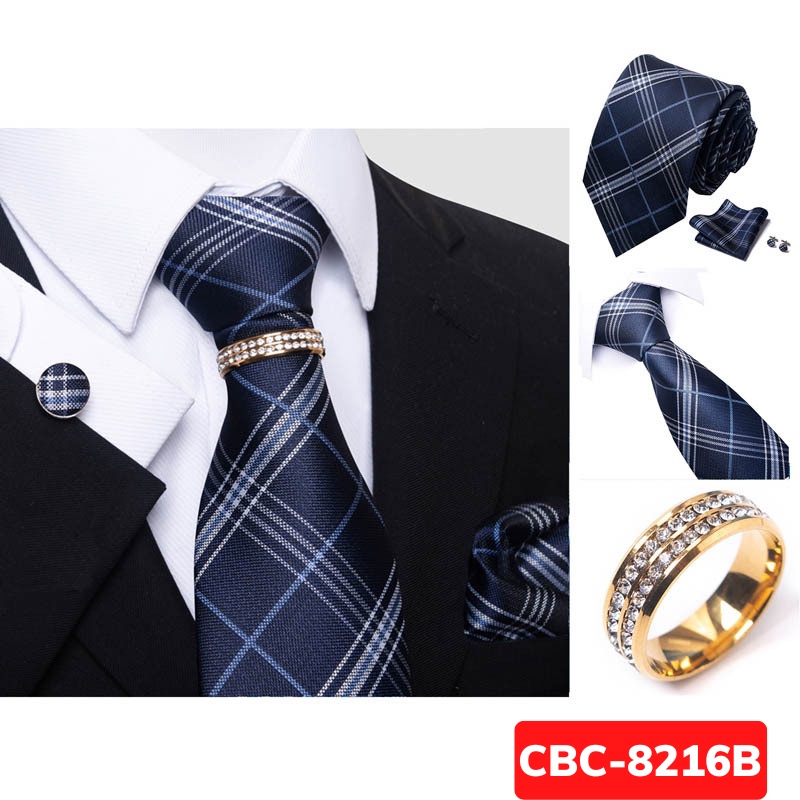 Bộ Cà vạt 4 món gồm Cavat 8cm, khăn cài túi, Măng-set, Nhẫn tròn phụ kiện, Cravat chú rể, Calavat công sở CBC-8216