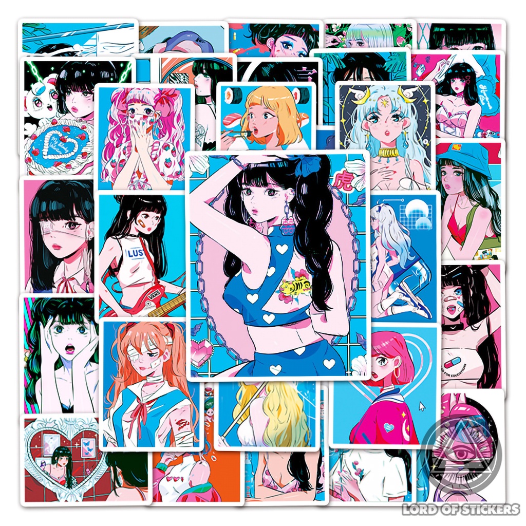 Set 50 Nhãn Dán Hoạt Hình Cô Gái Nhật Bản Sticker Cute Anime Aesthetic Chống Thấm Nước Trang Trí Mũ Bảo Hiểm, Laptop, Sổ