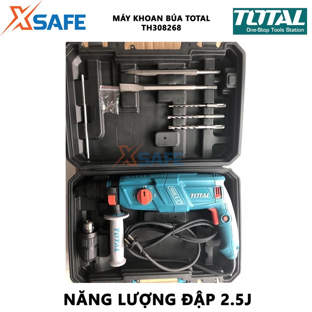 Máy khoan đục TOTAL TH308268 3 chức năng công suất 800W, kèm 3 mũi khoan bê tông, 2 mũi đục - chính hãng -xsafe