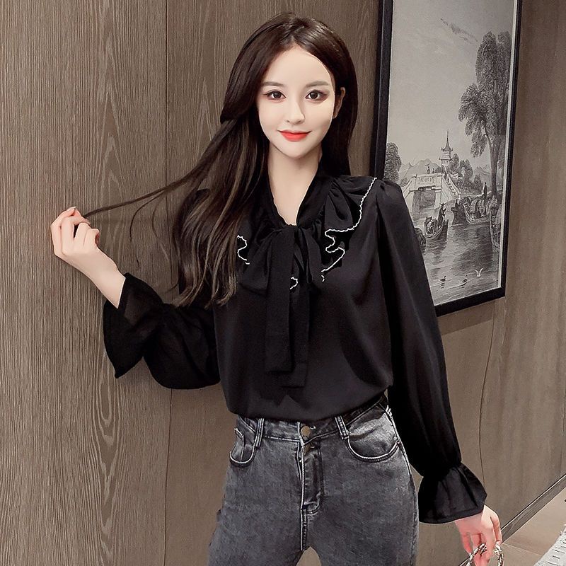 Áo Sơ Mi Chiffon Tay Dài Ống Loe Cổ Chữ V Thời Trang Mùa Thu Kiểu Mới Dành Cho Bạn Nữ