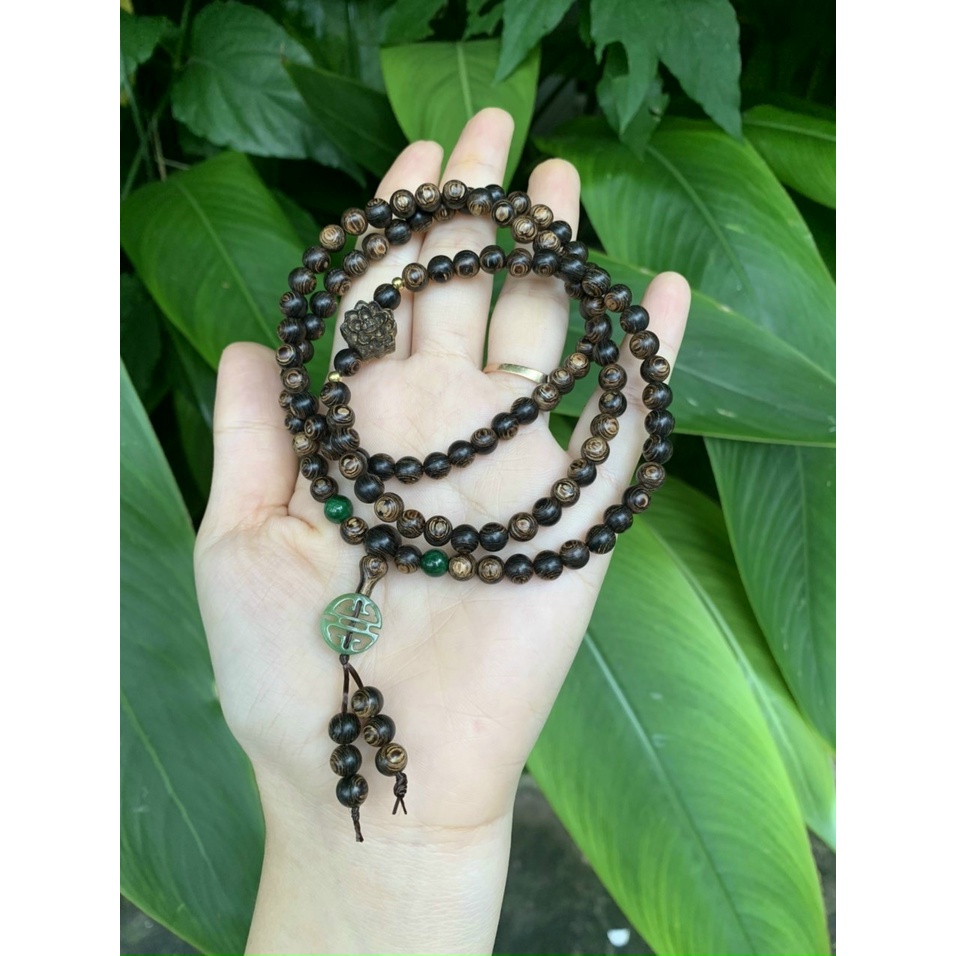 Vòng đeo tay, lắc tay quấn 3 vòng phong thủy từ gỗ trầm hương sánh chìm tự nhiên mix phụ kiện đá ngọc xanh